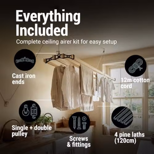 Gr8 Home Black Cast Iron and Wood 4 Lath Ceiling Pulley Clothes Airer – 4