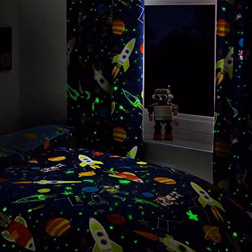 Bedlam Supersonic Glow In The Dark Star Pattern Pencil Pleat Curtains, Blue, W: 168 cm, D: 183 cm – 2