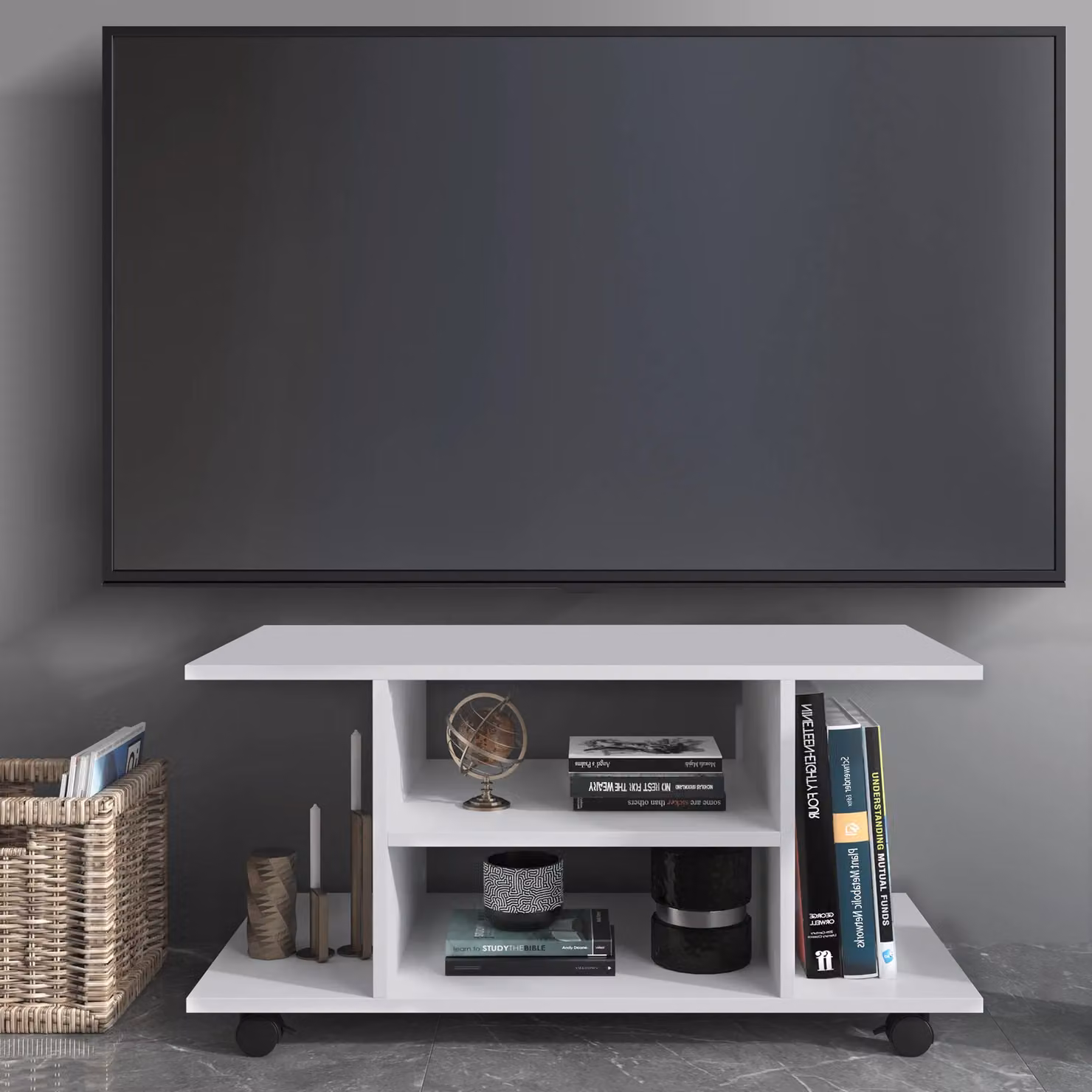 HOMCOM Modern White Wood TV Cabinet Stand with Storage Shelves and Castors, W/D/H: 80 x 40 x 40 cm – 9