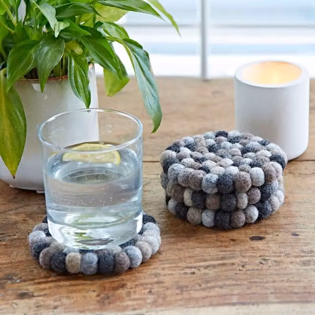 Paper High Set of 4 Handmade Round Grey Felt Ball Coasters