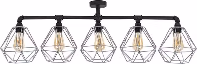 Luiggi Black 5 Way Industrial Metal Ceiling Bar Light with Grey Pendant Shades