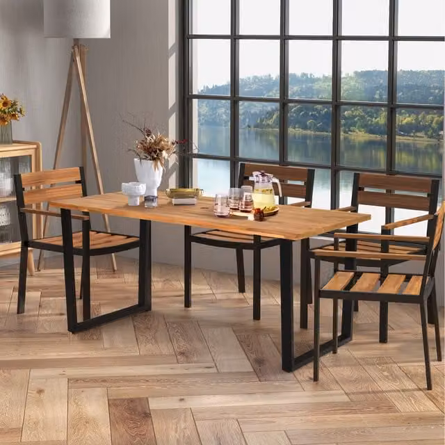 COSTWAY Brown Acacia Wood Rectangular Patio Dining Table for 6 People
