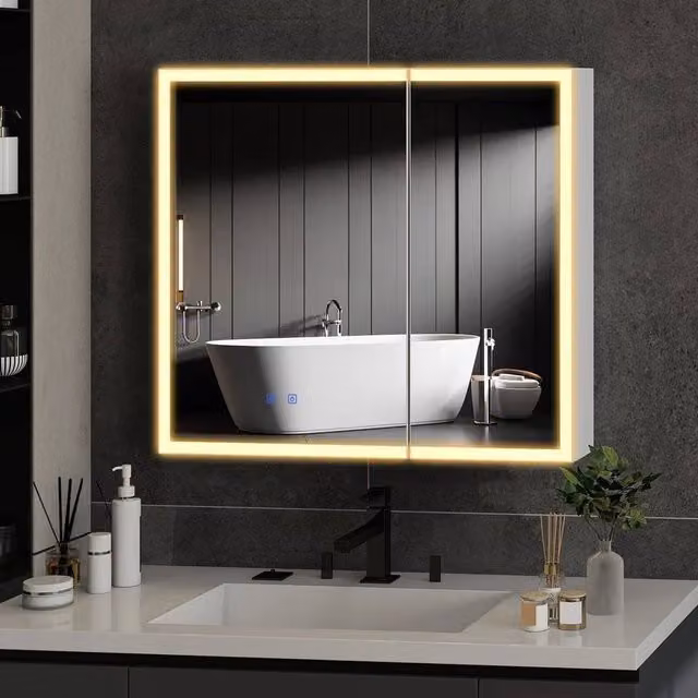 FLAVORA LED Bathroom Mirror Cabinet with Charging Station and Internal Shelves, White