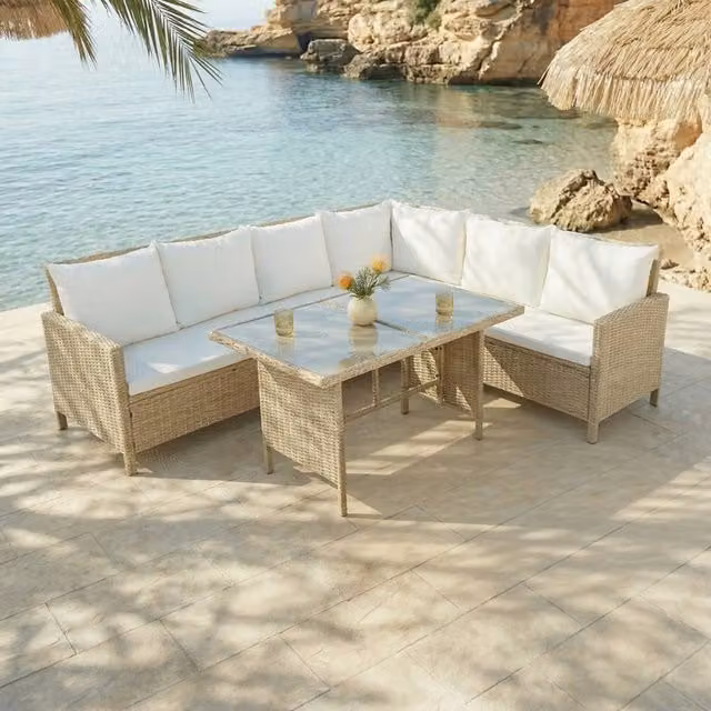 Home Garden Direct Alia Rattan Corner 6 Seater Sofa Dining Set with Glass Table in Natural Rattan