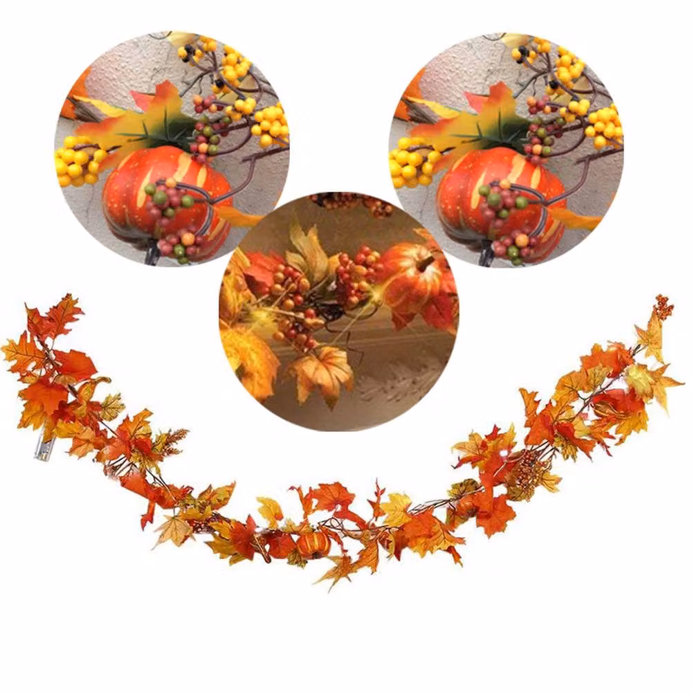 Garden Sanctuary Orange Artificial Autumn Maple Leaf and Pumpkin Vine Garland with Lights, 180 cm – 2