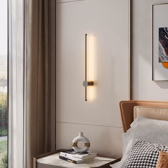 Komore Minimalist LED Cylinder Wall Light in Black or Bronze, Warm White, Width: 60 cm