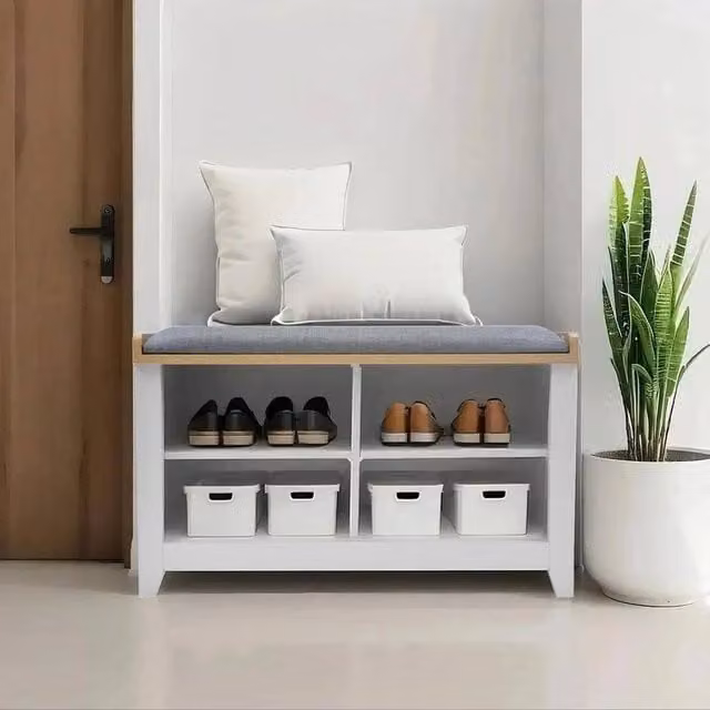 EONLION Grey Hallway Shoe Storage Bench with Back Panel, Width: 100 cm – 1