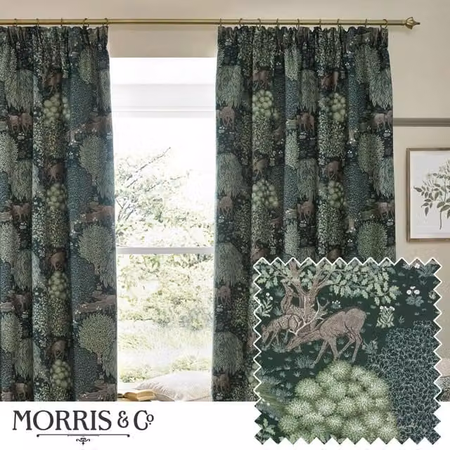Morris & Co Brook Woodland Jacquard Room Darkening Pencil Pleat Curtains in Green, Width: 229 cm, Drop: 183 cm