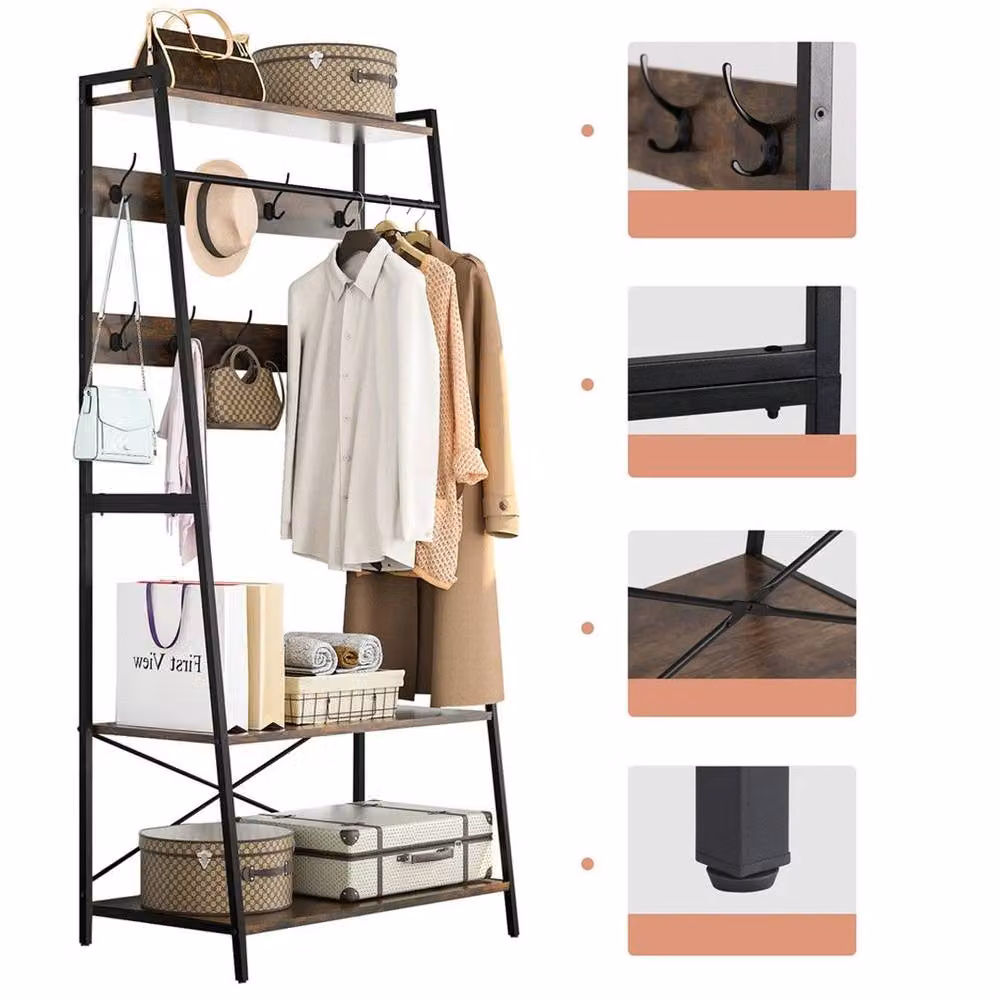 KORVIXA 3-in-1 Industrial Hall Tree with Bench and Dual Hook and Rail Matrix in Matt Black – 3
