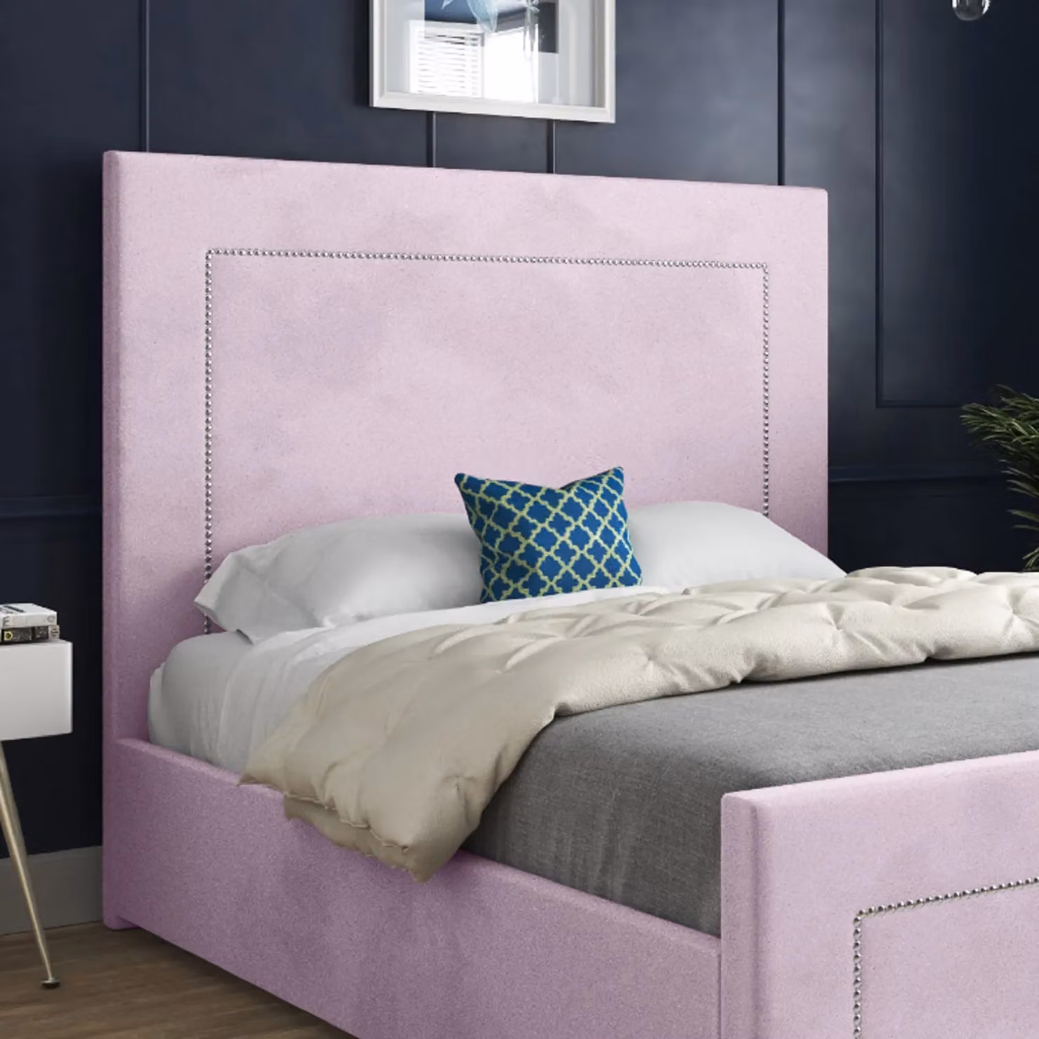 Casani KDMD Elba Upholstered Velvet Designer Bed Frame in Pink, W/D/H: 144 x 137 x 200 cm – 3