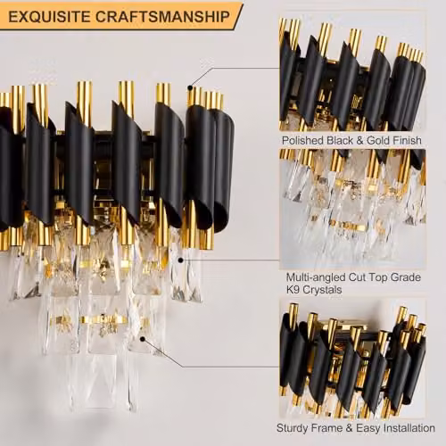 Harper Living Modern Crystal Wall Light in Black and Gold Finish with 3 Tiers and 2 x E14 Sockets – 6