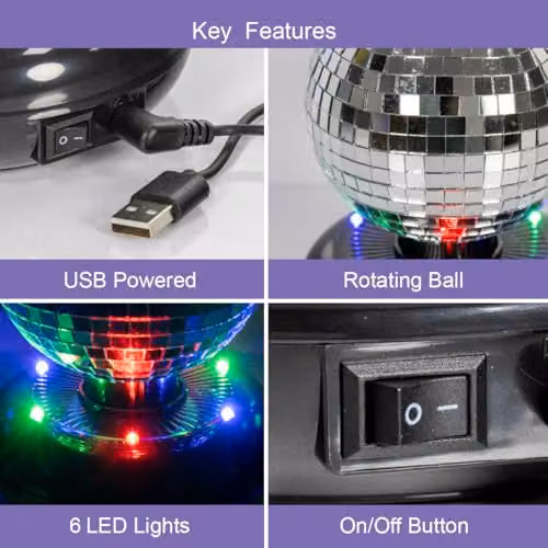 Global Gizmos 45869 Mini LED Disco Ball, Silver USB Powered Mirror Ball for Tabletop and Childrens Rooms – 2