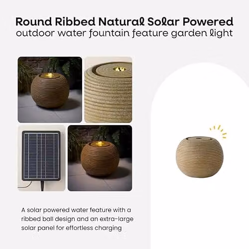 ValueLights Solar Powered Round Ribbed Outdoor Garden Water Fountain in Sand, W/D/H: 31 x 31 x 25 cm – 3