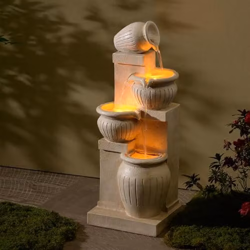 Teamson Home Solar Powered 4-Tier Cascading Bowl Outdoor Water Feature with LED Lights, Natural Finish, W/D/H: 72 x 24 x 24 cm – 2