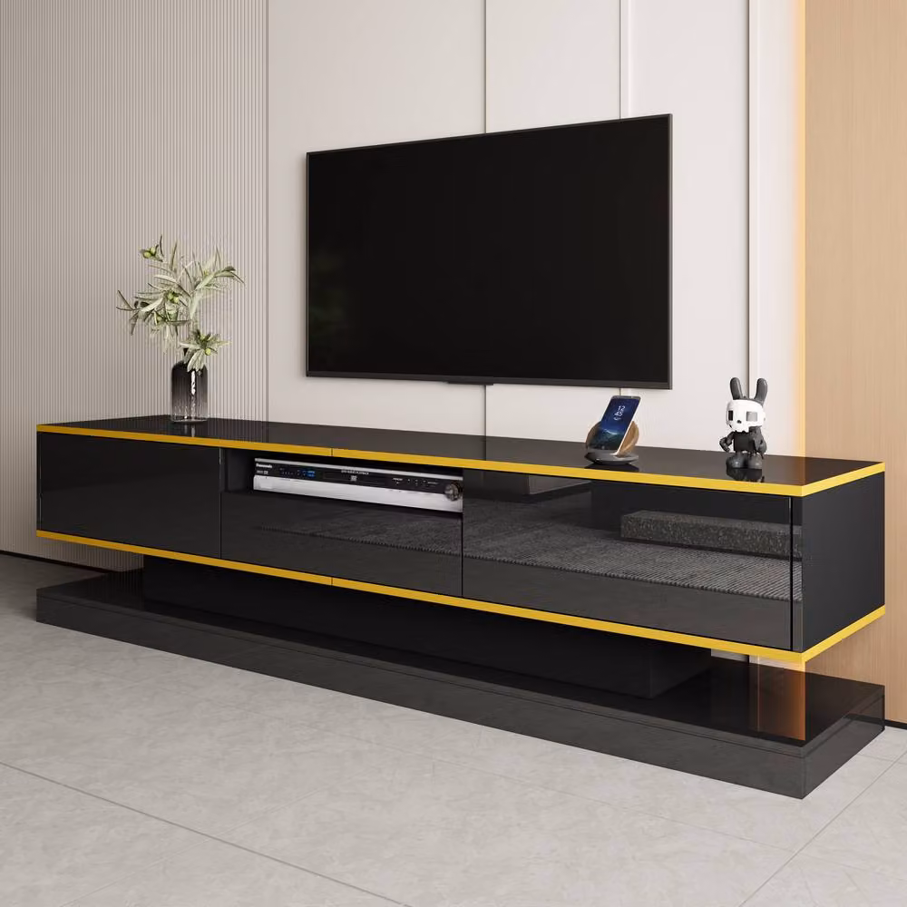 BTM Modern Glossy Black TV Cabinet with Integrated Lighting and Media Compartments, W: 180.0 cm, D: 38.0 cm, H: 45.0 cm – 5