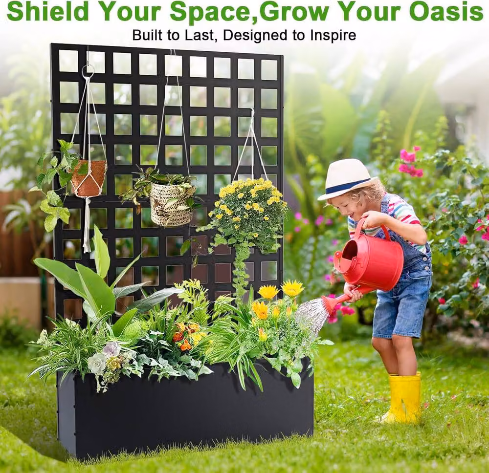 London Boutique Black Metal Raised Garden Bed with Trellis and Drainage Holes – 6