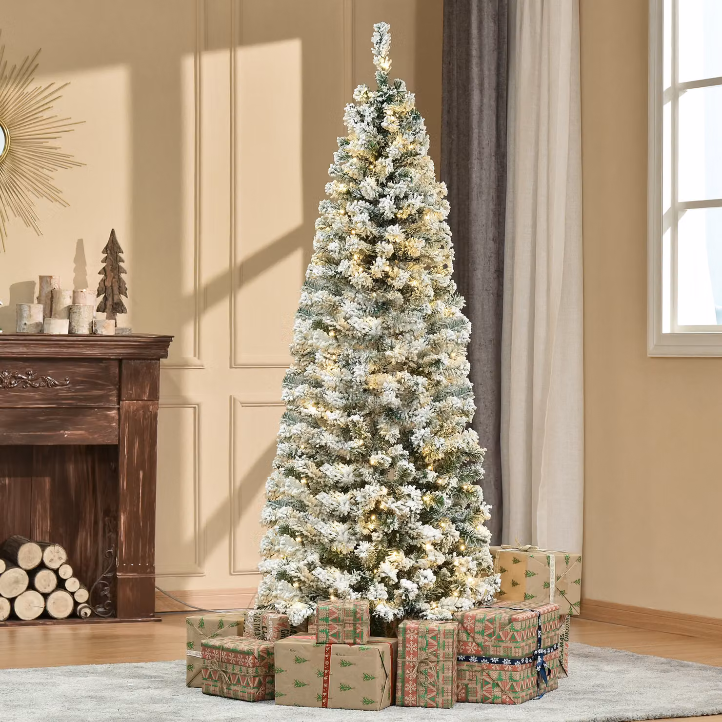 HOMCOM 6ft Prelit Artificial Snow Flocked Christmas Tree with Warm White LED Lights in Green and White – 2