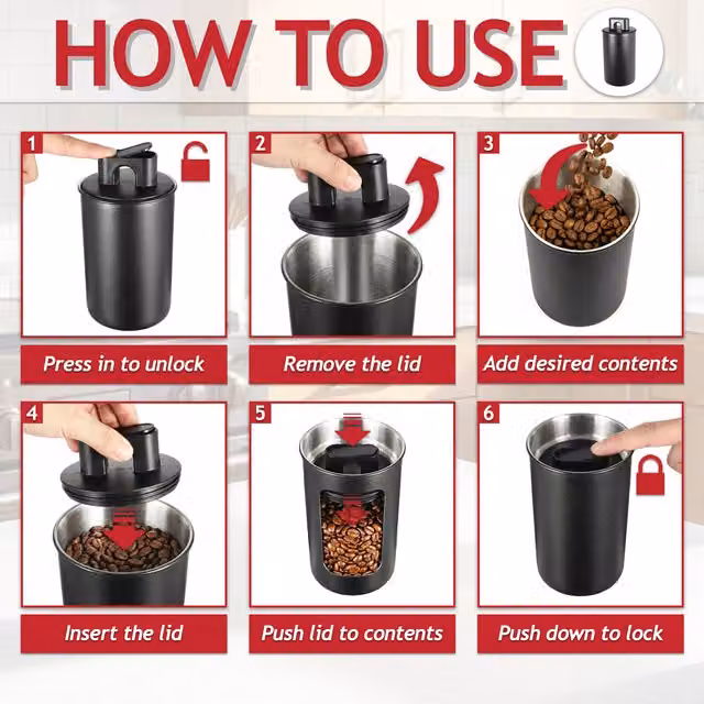SPARES2GO Airtight Vacuum Seal Coffee Canister in Matt Black Stainless Steel