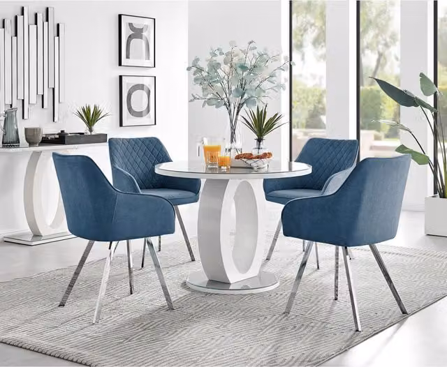 FurnitureboxUK Giovani Round Grey Glass Dining Table with 4 Blue Falun Silver Leg Chairs