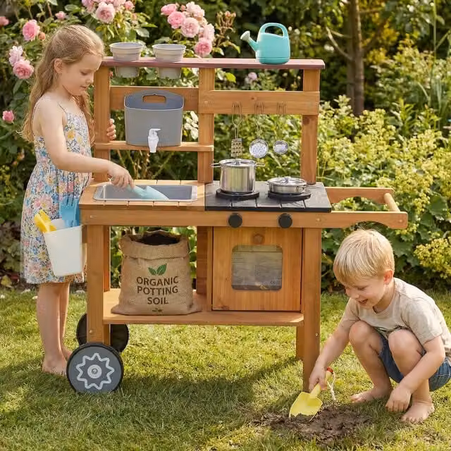 AIYAPLAY Brown Outdoor Mud Kitchen with Wheels in Stainless Steel and Wood