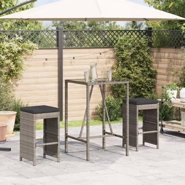 Berkfield Home Set of 2 Grey Poly Rattan Garden Bar Stools with Cushions