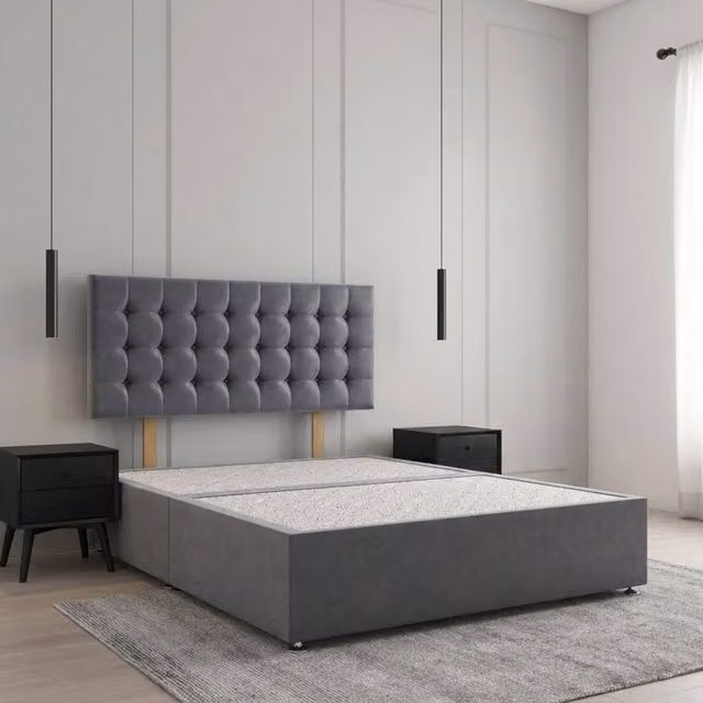 Regional Furnishings Plush Velvet Divan Bed Base with 24 Inch Headboard in Charcoal Grey, Size: King (W/D: 180 x 200 cm)