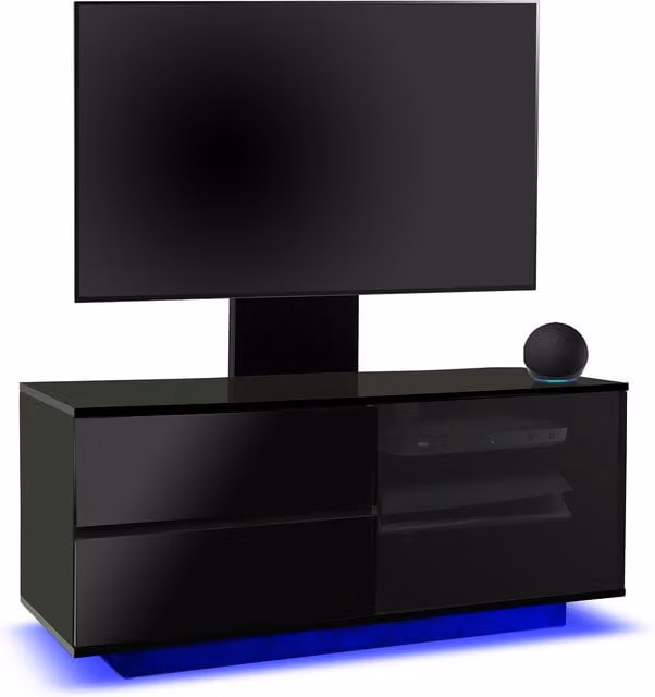 GALLUS Ultra Modern Glossy Black TV Cabinet with LED Lights and Mounting Arm W/D/H: 110 x 39.5 x 47.5 cm