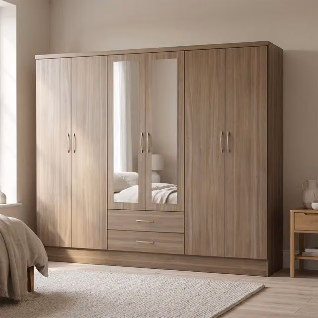 Seconique Nevada 6 Door 2 Drawer Mirrored Wardrobe in Wild Oak Brown