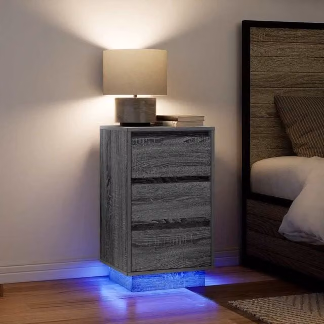 Berkfield Home Bedside Cabinet with Integrated LED Lights in Grey Sonoma, W/D/H: 38 x 34 x 65 cm