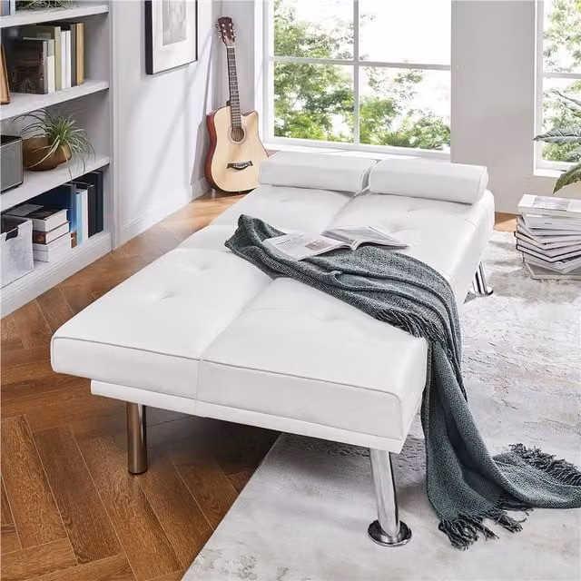 Yaheetech White Faux Leather Convertible Click-Clack Sofa Bed with Adjustable Headrest and Cup Holders