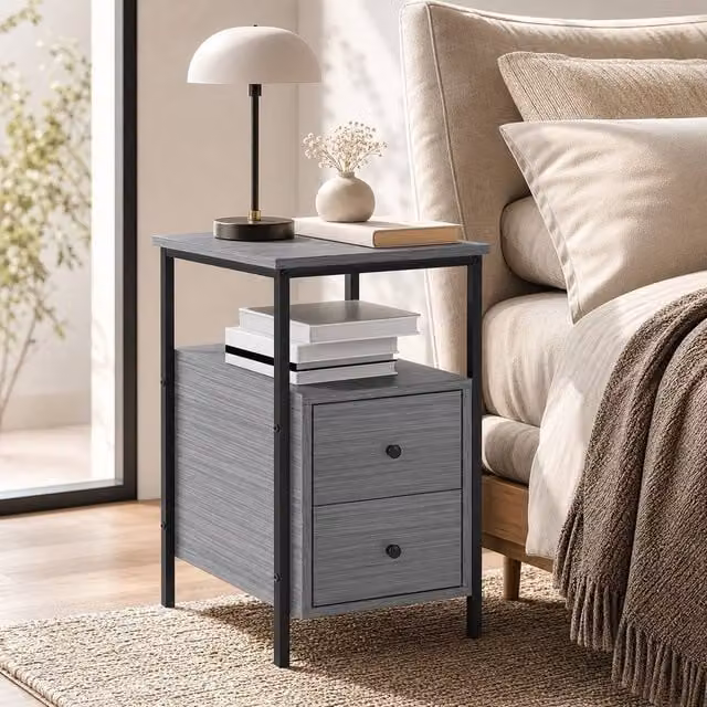 STILVORA Industrial Side Table with 2 Drawers and Shelf in Black and Grey – 1