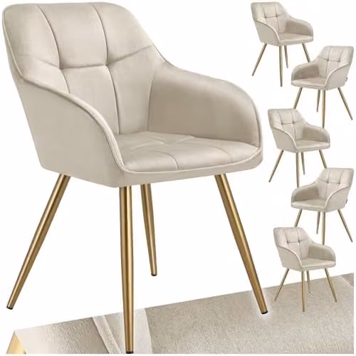 tectake Marilyn Set of 6 Dining Chairs with Velvet Fabric and Gold Metal Legs in Cream/Gold – 1