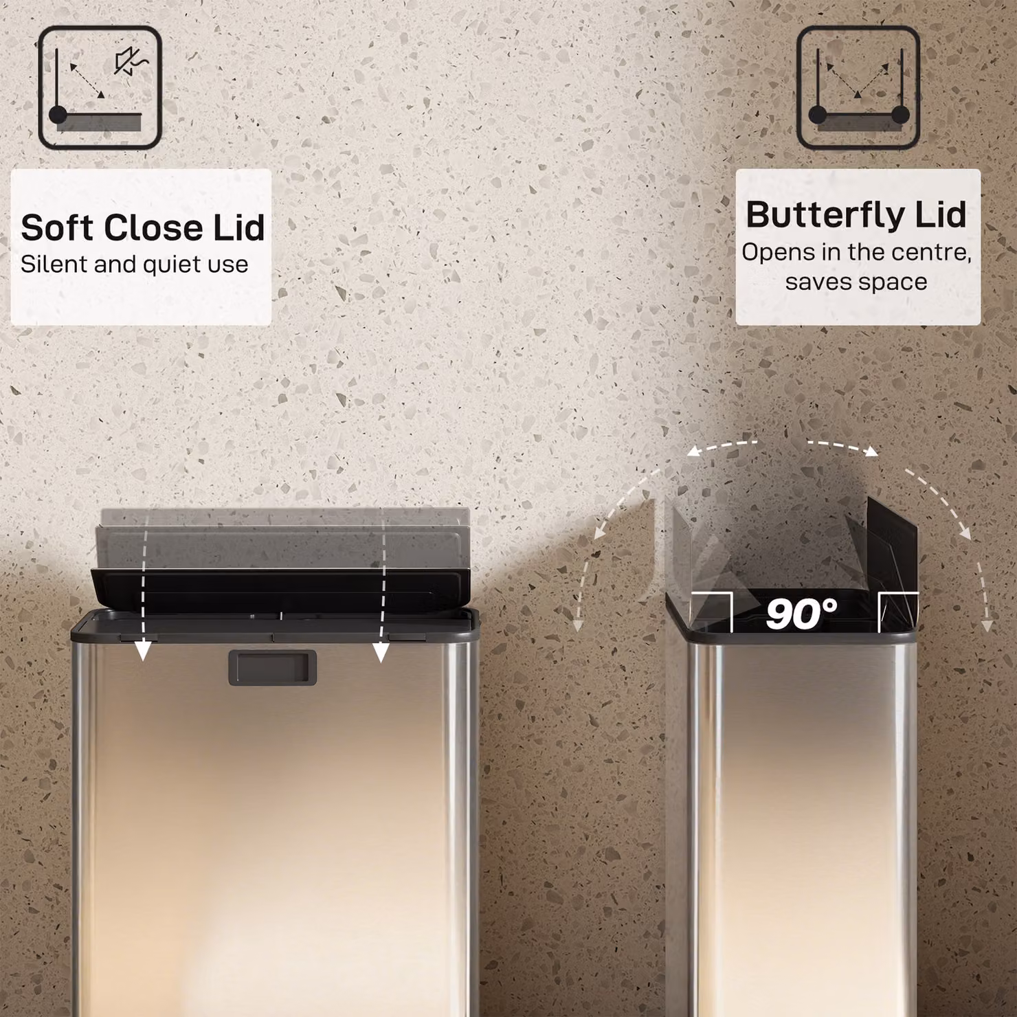 HOMCOM Dual Kitchen Pedal Bin with Soft-Close Butterfly Lid, 2 x 28L Stainless Steel Recycling and Waste Bin with Removable Inner Buckets, Fingerprint-Proof, Silver Tone – 3