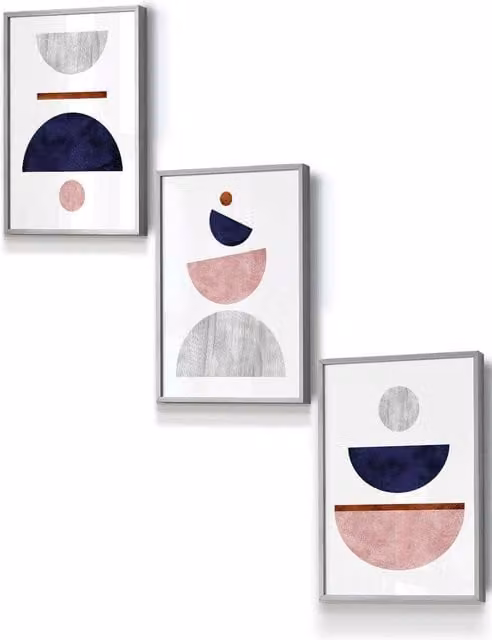 ARTZE Mid Century Abstract Geometric Framed Wall Art in Blue, Pink and Grey, W: 33 cm, H: 45 cm, D: 0.2 cm