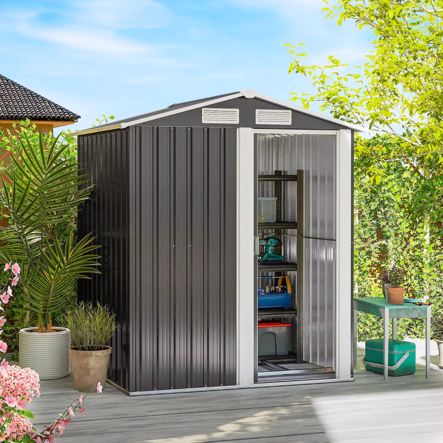 OUTSUNNY Grey Metal Outdoor Storage Shed with Sliding Door and Sloped Roof – 2