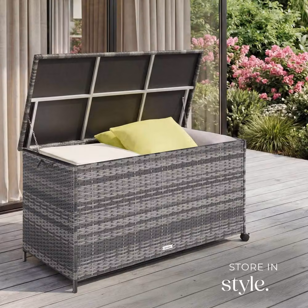 tectake Kuusamo Large Storage Box in Grey with Rattan and Aluminium Frame and Castors – 7