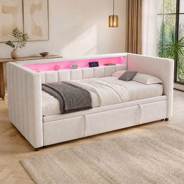 STILVORA Modern Upholstered Single Bed Frame in Beige Velvet with USB Charging Port, W/D/H: 90 x 190 x 73 cm – 1