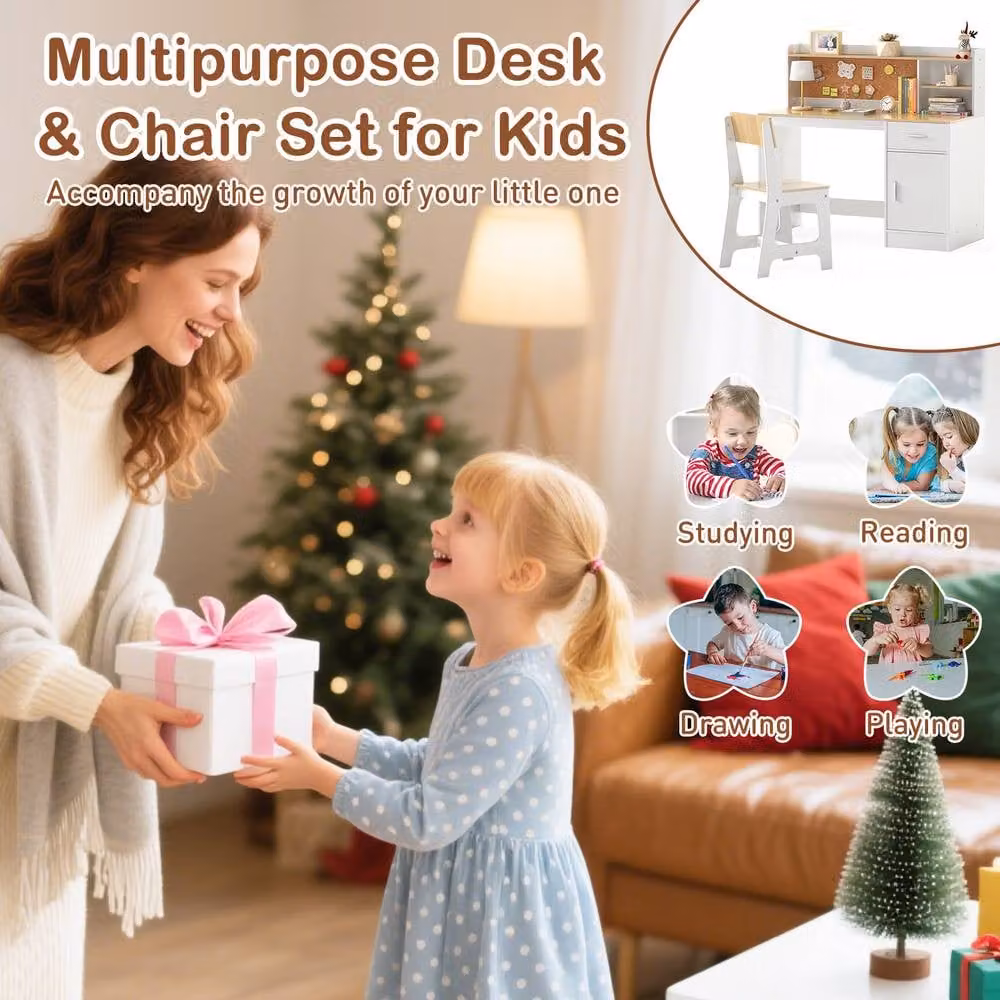 Costway Kids Wooden Study Desk and Chair Set in White – 3