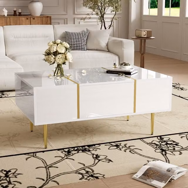 Aosom UK Morden High-Gloss Coffee Table with 2 Drawers, White and Gold, W: 100 cm, D: 60 cm, H: 41.5 cm – 1