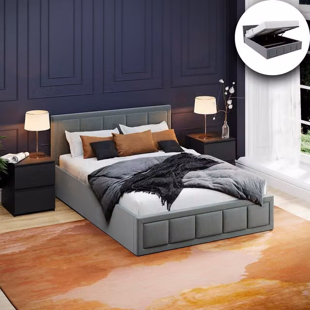 Vida Designs Vanita Ottoman Fabric Bed and Double Mattress in Light Grey, W/D/H: 140 x 200 cm