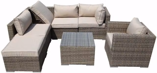 Furniture One 6 Seater Modular L-Shape Polyrattan Garden Sofa with Beige Upholstered Cushions