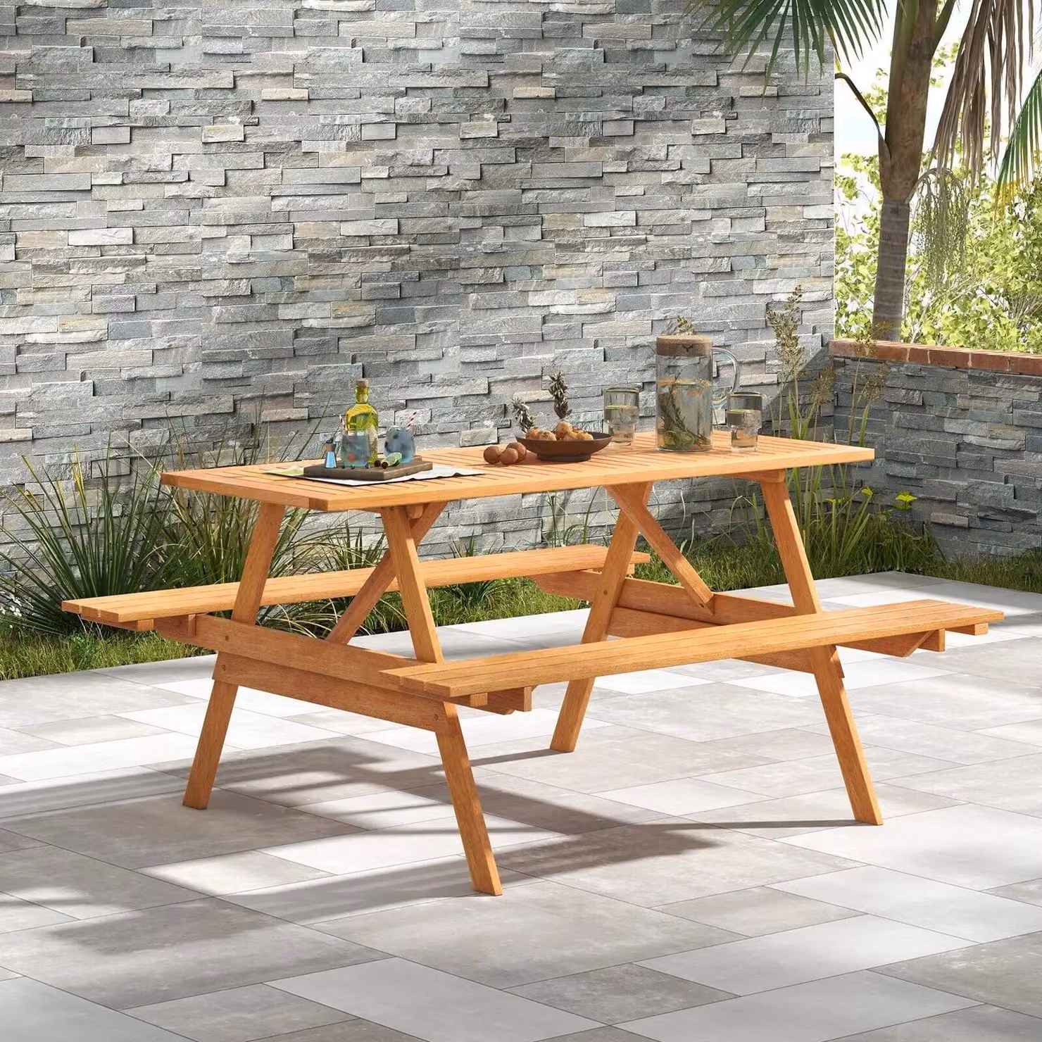 Gymax Natural Wood Outdoor Picnic Dining Table Set with 2 Built-in Benches for Garden and Patio – 3