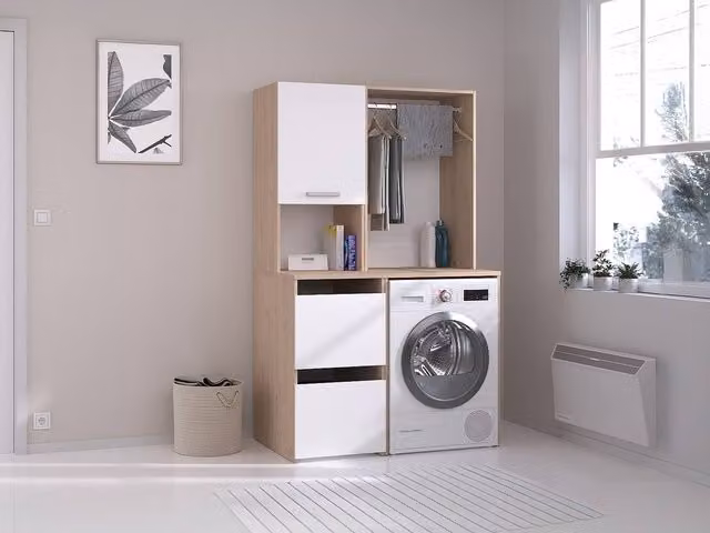Erkano Freestanding Laundry Cabinet with Wardrobe and Cupboards in White and Beige, H: 184.4 cm, W: 64.4 cm, D: 65.8 cm