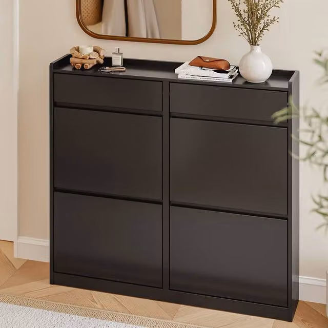 SoBuy Modern Black Shoe Cabinet with 4 Tilting Compartments and 2 Drawers – 1