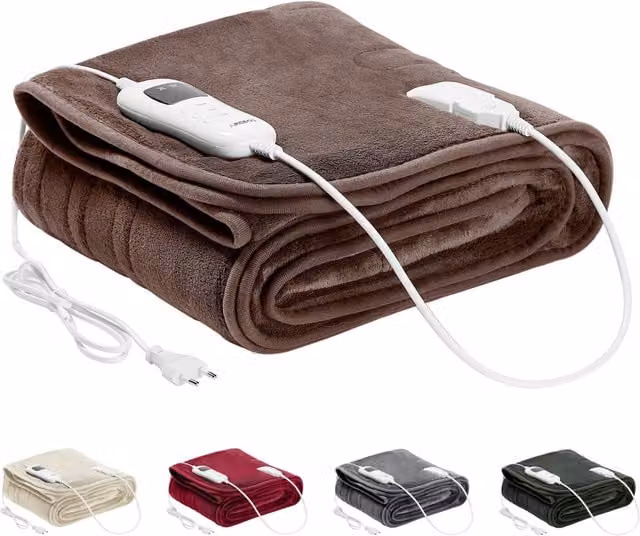 AREBOS Brown Fleece Electric Heated Blanket with Rapid Heat Up, Timer and Auto Shut Off, Machine Washable