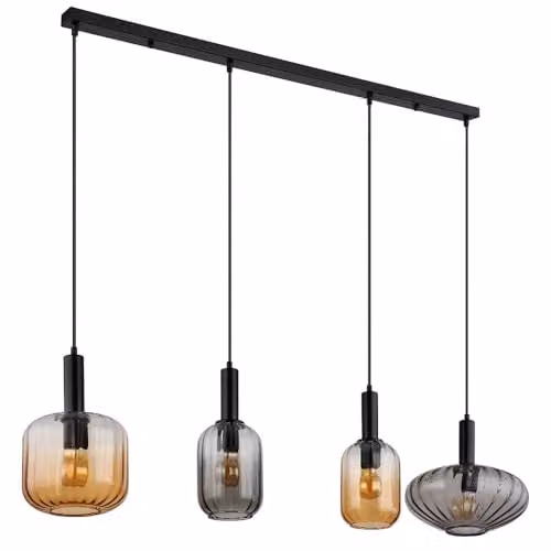 Netlighting Valletta Bar Pendant Ceiling Light in Matt Black with Glass Shades, 4x E27, Height Adjustable – 1