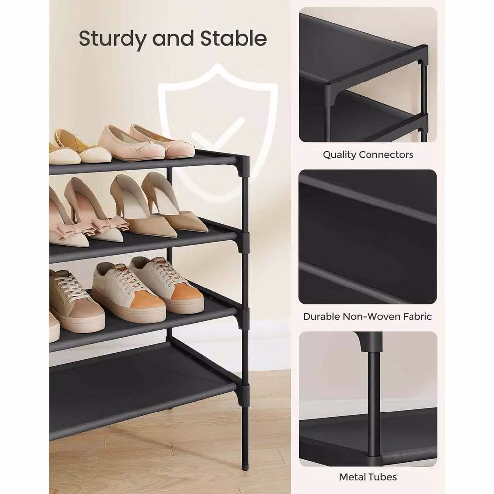 The Bazaarist 4 Tier Metal Shoe Rack with Fabric Shelves in Jet Black – 3
