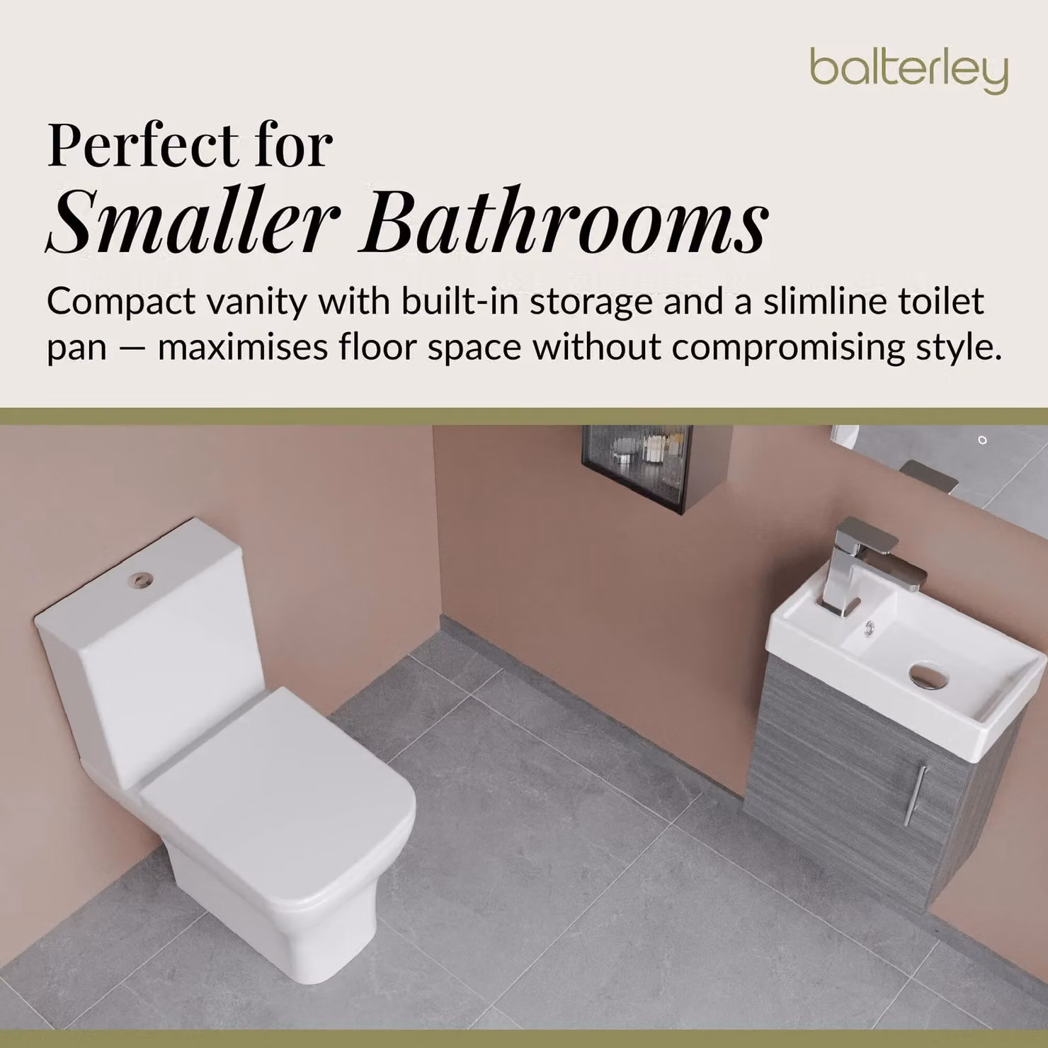 Balterley Wall Hung Vanity, Toilet, Cistern, Seat and Mini Tap Set in Anthracite and White with Chrome Details – 3