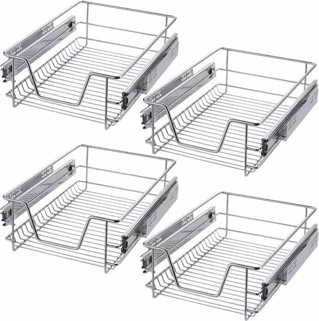 TECTAKE 4 Grey Metal Sliding Wire Baskets with Drawer Slides, 40 cm