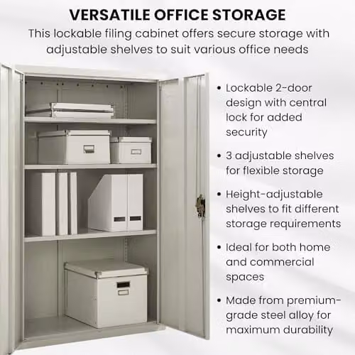 MMT Furniture Designs Ltd Metal Storage Cabinet with Lockable Hinged Doors and Adjustable Shelves, Grey, H 140 cm x W 90 cm x D 40 cm – 7